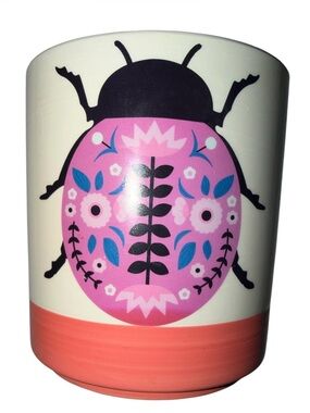 Floral Pink and White Folk Beetle Ceramic Planter Pot